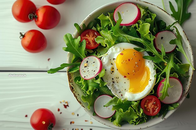 A bowl of salad with a fried egg on top and radishes