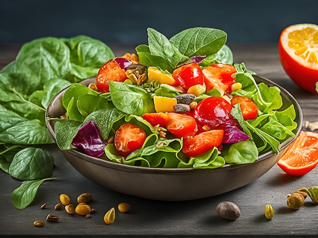 A bowl of salad with a glass of pistachios on the side