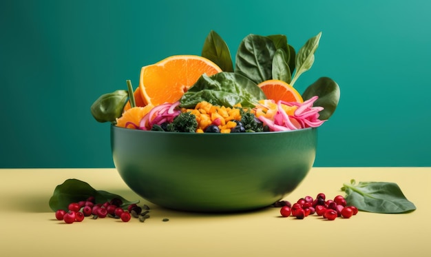 A bowl of salad with a green background and a blue background.