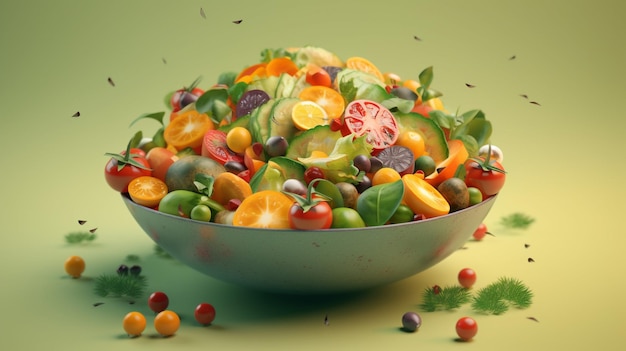 A bowl of salad with a green background and a colorful tomato on the bottom.