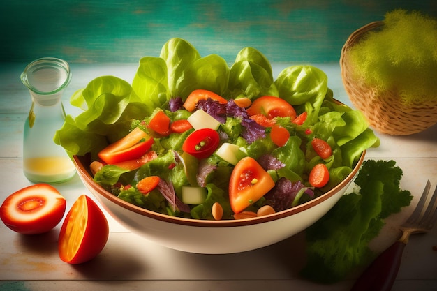 A bowl of salad with a green leafy vegetable on the side