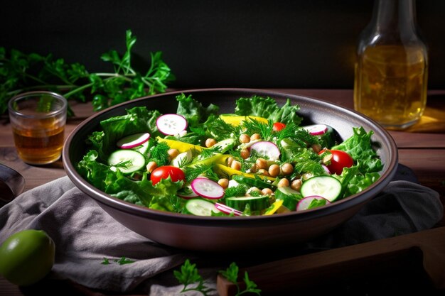 Photo a bowl of salad with a jar of a jar of honey