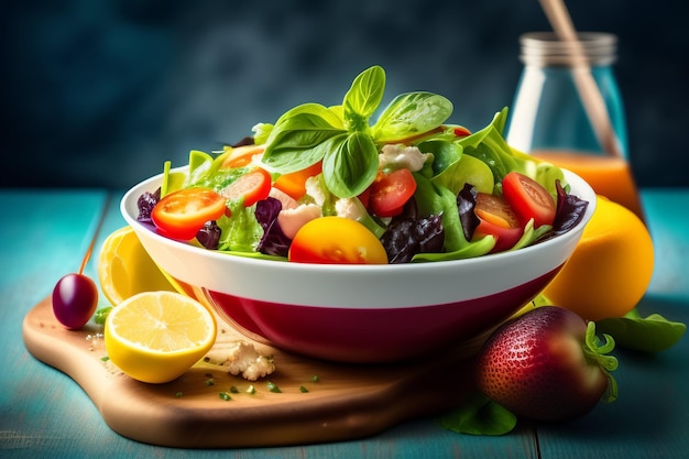 A bowl of salad with a jar of lemons on the side