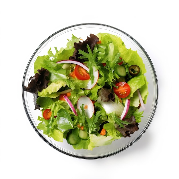 A bowl of salad with lettuce, cucumber, and tomatoes.