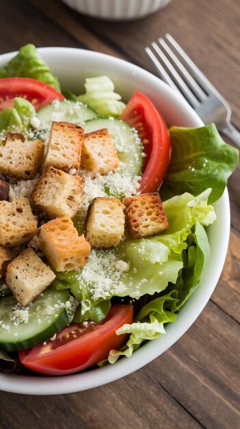 A bowl of salad with lettuce tomato and cucumber