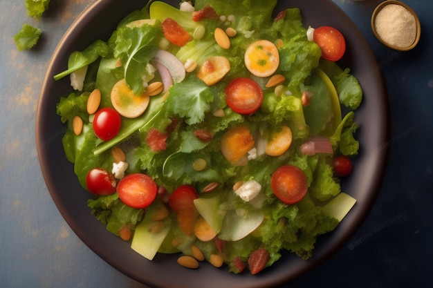 A bowl of salad with many different toppings