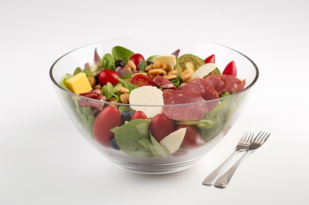 A bowl of salad with meat, cheese, and other ingredients.