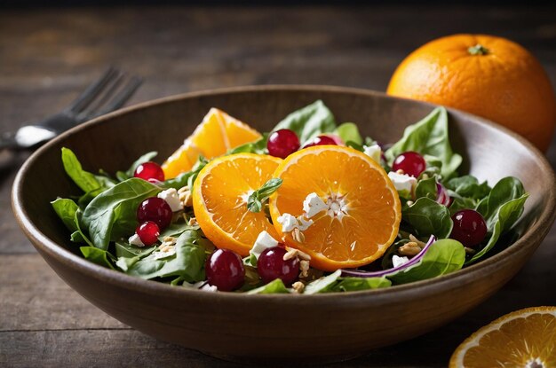 Photo a bowl of salad with oranges and a leafy green leaf