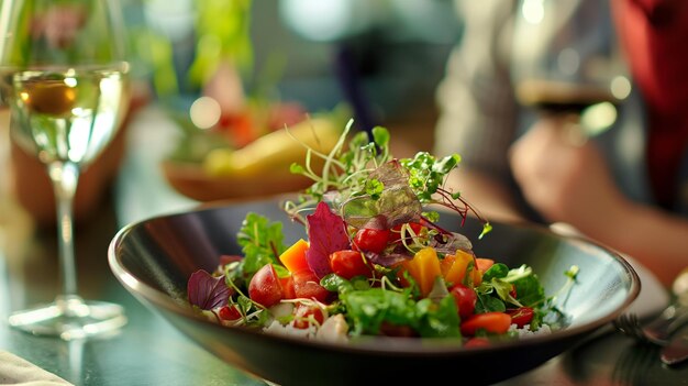 a bowl of salad with a salad in the background