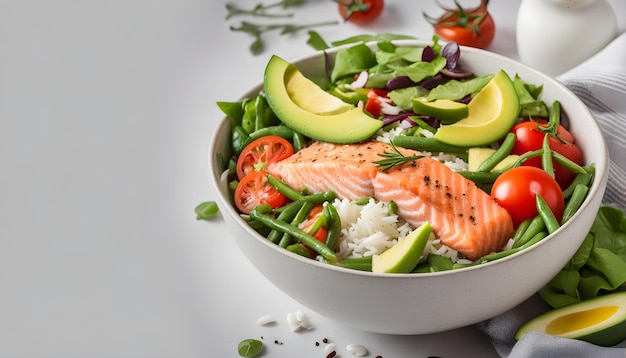 a bowl of salad with salmon and rice