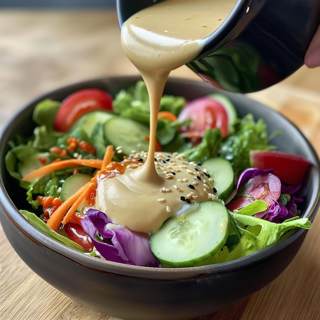 a bowl of salad with a spoon and a bowl of salad dressing