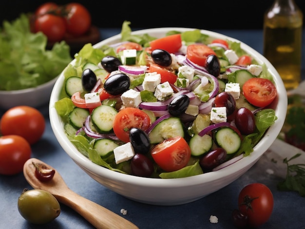 a bowl of salad with a spoon and a wooden spoon.