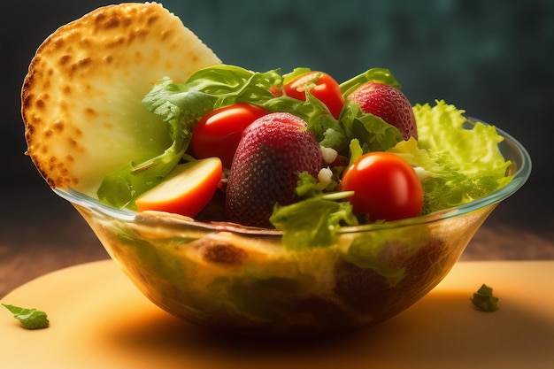 A bowl of salad with strawberries and strawberries on top