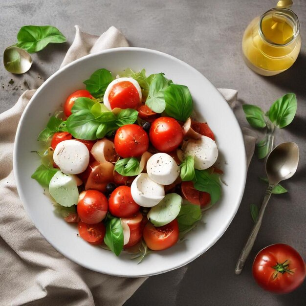 a bowl of salad with tomatoes basil and basil