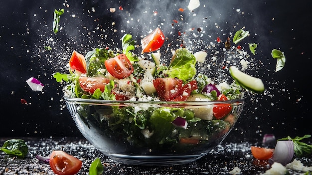 Photo a bowl of salad with tomatoes and cucumber in it