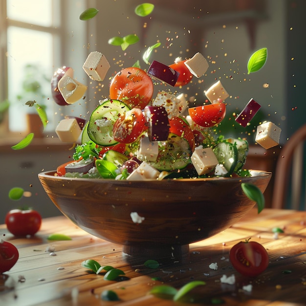 a bowl of salad with tomatoes and cucumber on the table