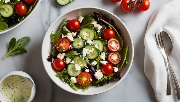 a bowl of salad with tomatoes cucumber and tomatoes