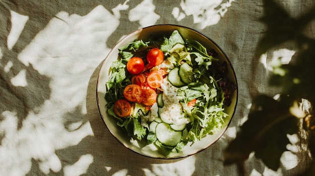 Photo a bowl of salad with tomatoes and cucumber