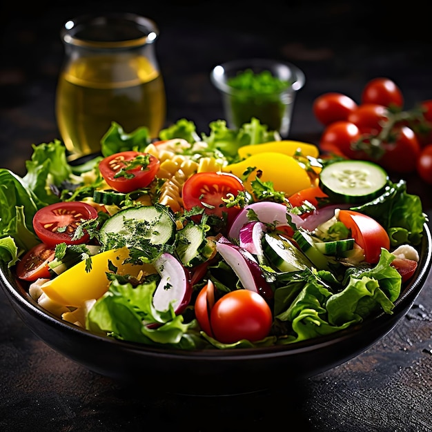 A bowl of salad with tomatoes, cucumbers, and onions.