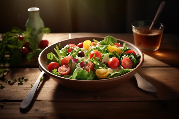 A bowl of salad with tomatoes, olives, and tomatoes on a wooden table.