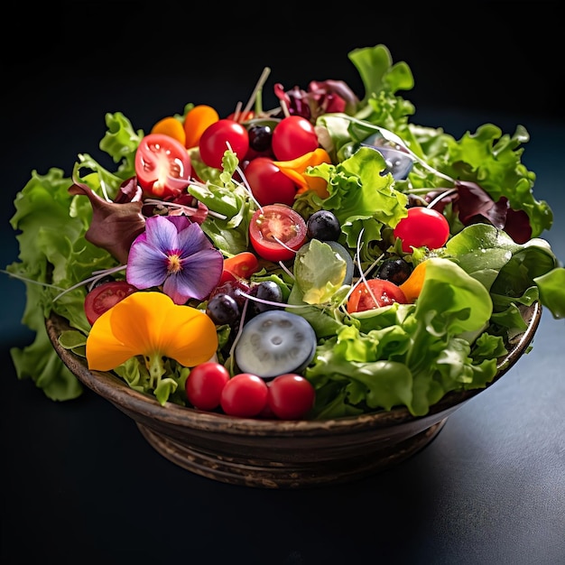 A bowl of salad with a variety of fruits and vegetables.