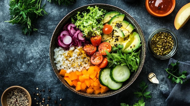 Photo a bowl of salad with vegetables and a pumpkin on the table