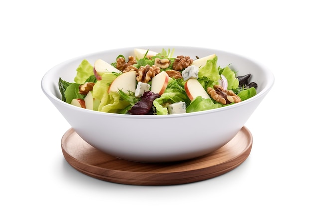 A bowl of salad with walnuts and blue cheese.