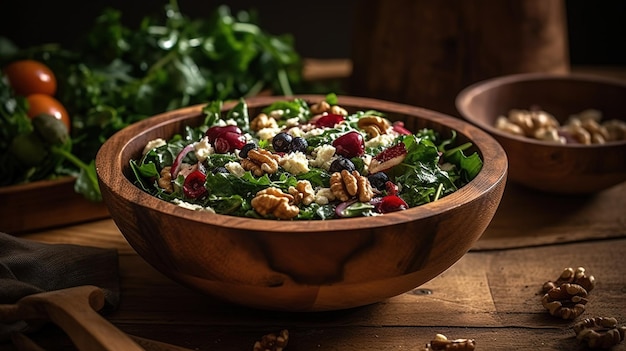 A bowl of salad with walnuts and cranberries