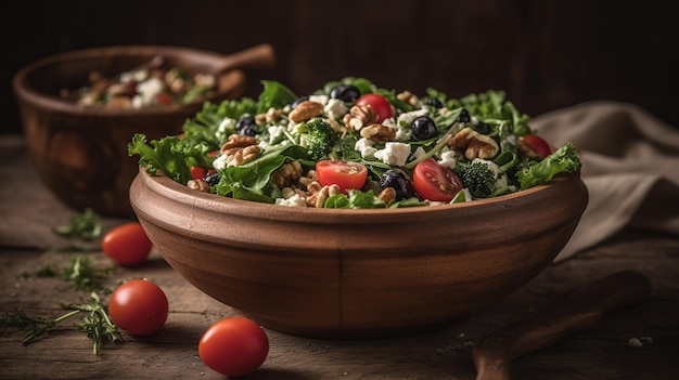 A bowl of salad with a wooden spoon and tomatoes on the table