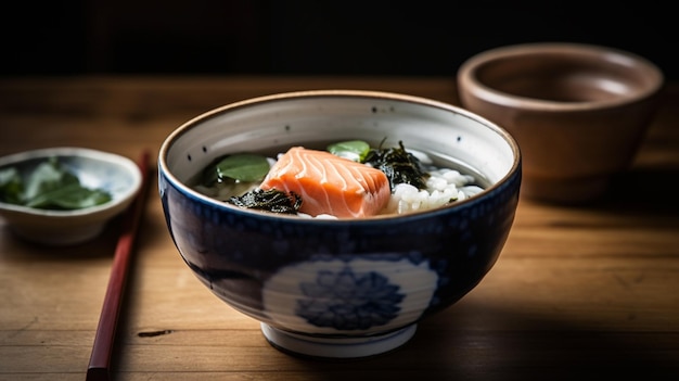 A bowl of salmon soup with rice and vegetables