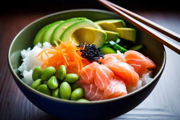 A bowl of salmon sushi with avocado and avocado.