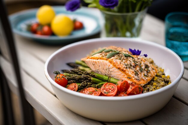 A bowl of salmon with asparagus and corn on the side