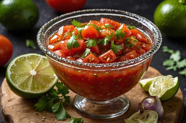 Photo a bowl of salsa with a green lime wedge on the side