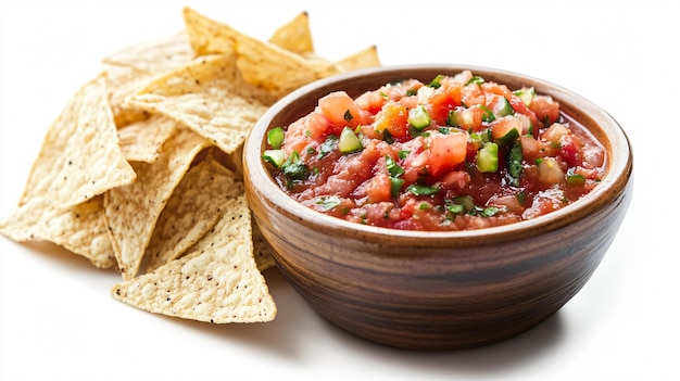 Bowl of Salsa with Tortilla Chips on White Background