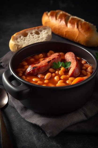 A bowl of sausage and beans with bread on the side