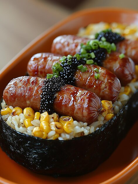 a bowl of sausages and corn with corn and corn