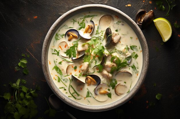 Photo a bowl of seafood chowder with clams and potato seafood photos 301jpg