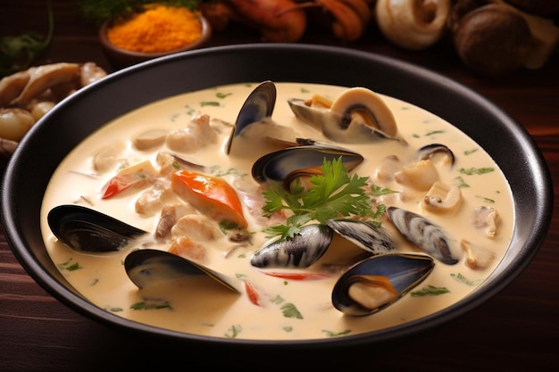 Photo a bowl of seafood curry with coconut milk and r seafood photos 350jpg