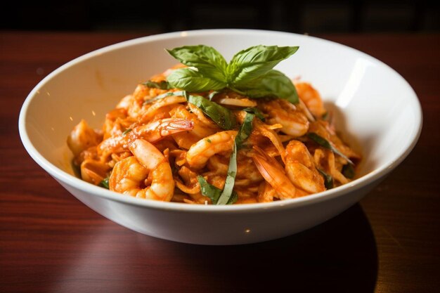 A bowl of seafood pasta with a tomato basil sau Seafood Photos 478jpg