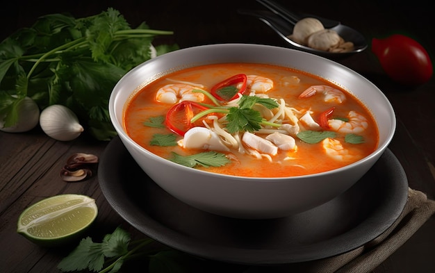 A bowl of seafood soup with a bowl of noodles and vegetables.