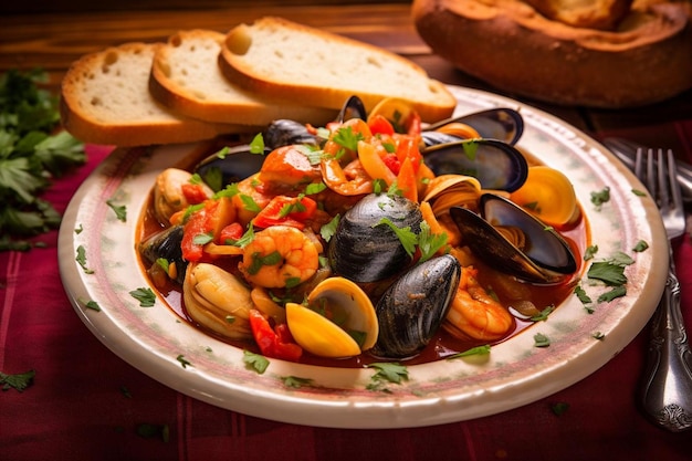 A bowl of seafood stew with clams mussels and s Seafood Photos 586jpg