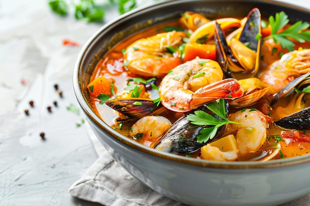 a bowl of seafood stew with musselling and shrimp