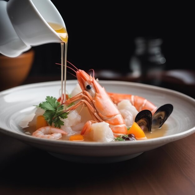 A bowl of seafood with a sauce being poured over it.