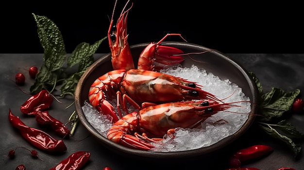 A bowl of seafood with two lobsters on top of ice.