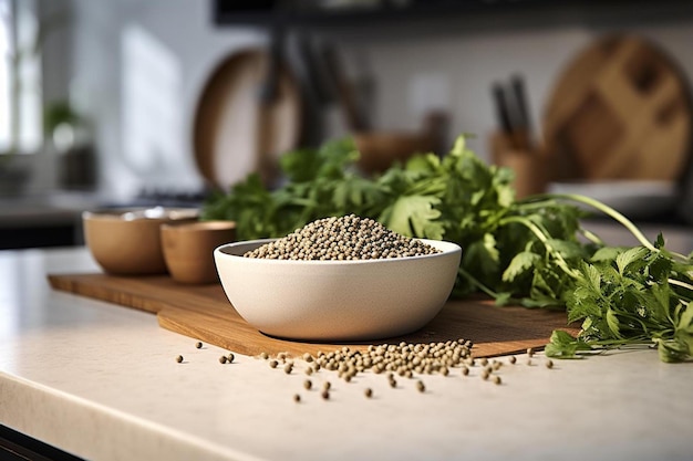 a bowl of seeds sits on a table with a bowl of seeds.