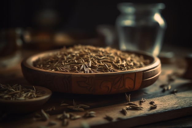 A bowl of seeds sits on a table.