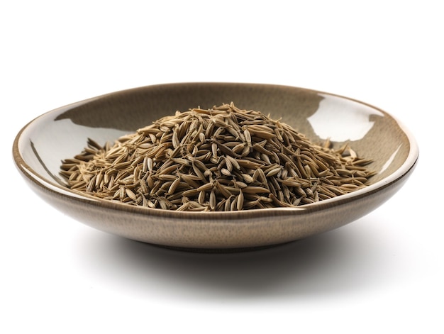 A bowl of seeds that is brown and has a white background.