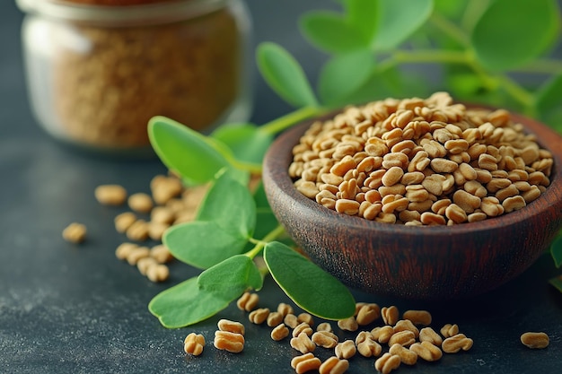 Photo a bowl of seeds with a leaf of a plant