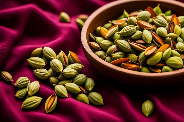 a bowl of seeds with a purple cloth with a purple background