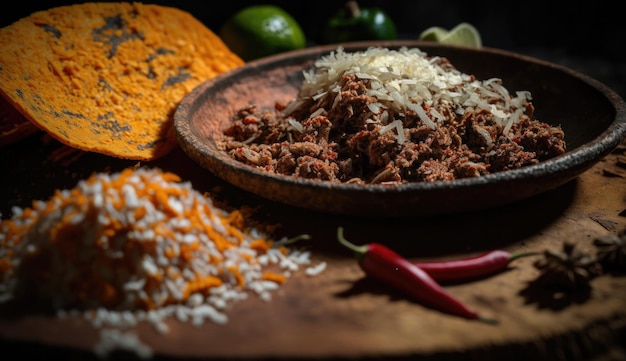 A bowl of shredded beef and rice with a pumpkin on the side.